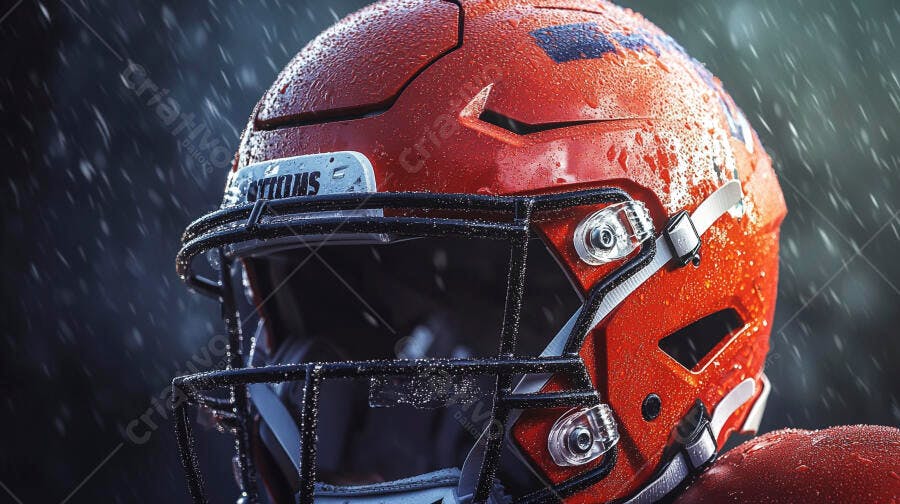 Capacete de futebol americano laranja e azul sob chuva intensa noturna