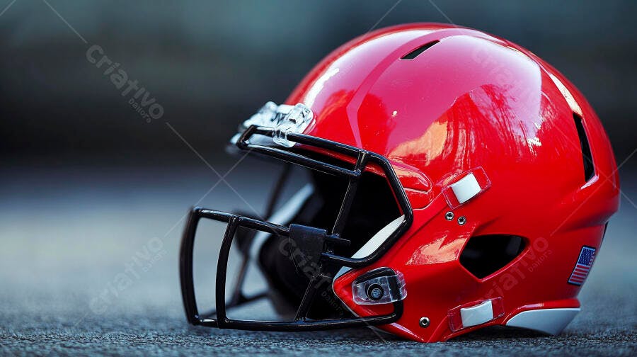 Capacete de futebol americano vermelho brilhante no chão com bandeira EUA