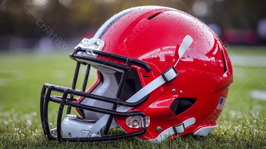 Capacete de futebol americano vermelho molhado na grama do campo de jogo