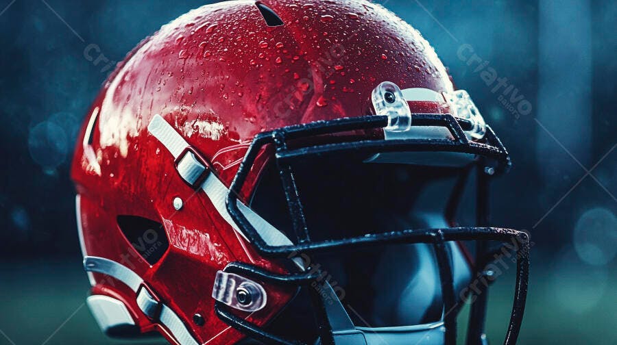 Capacete vermelho de futebol americano com gotas de água em campo escuro