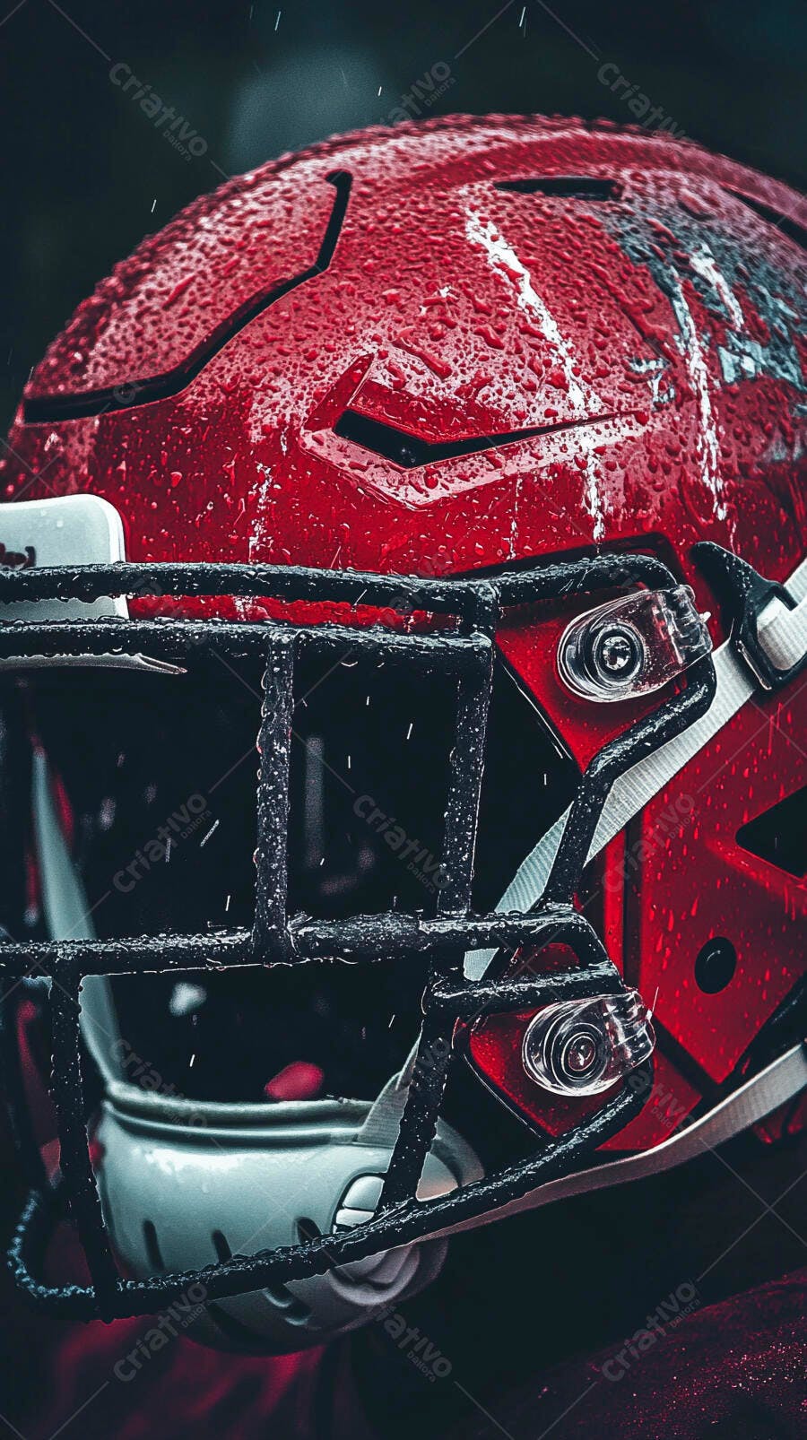 Capacete de futebol americano vermelho molhado com gotículas de água