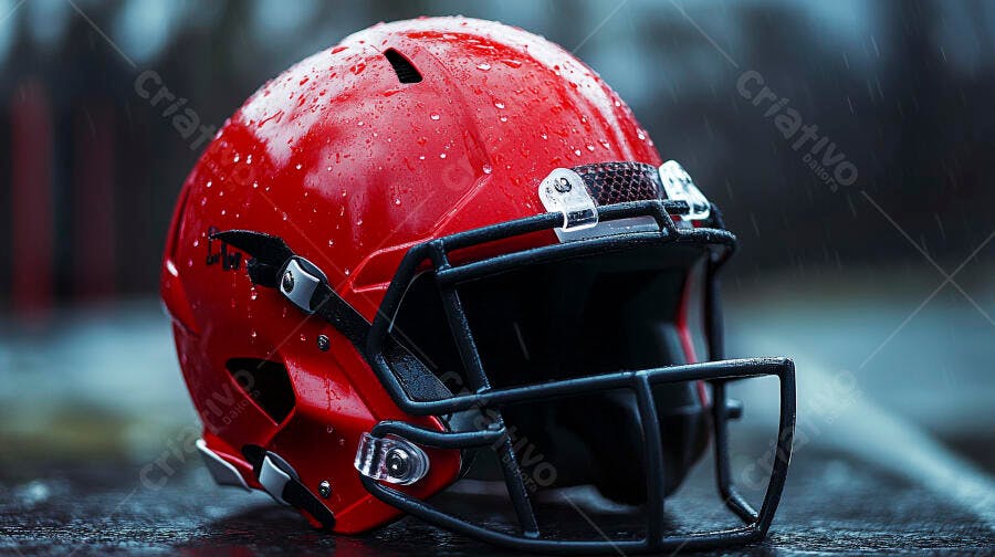 Capacete de futebol americano vermelho molhado sob chuva intensa