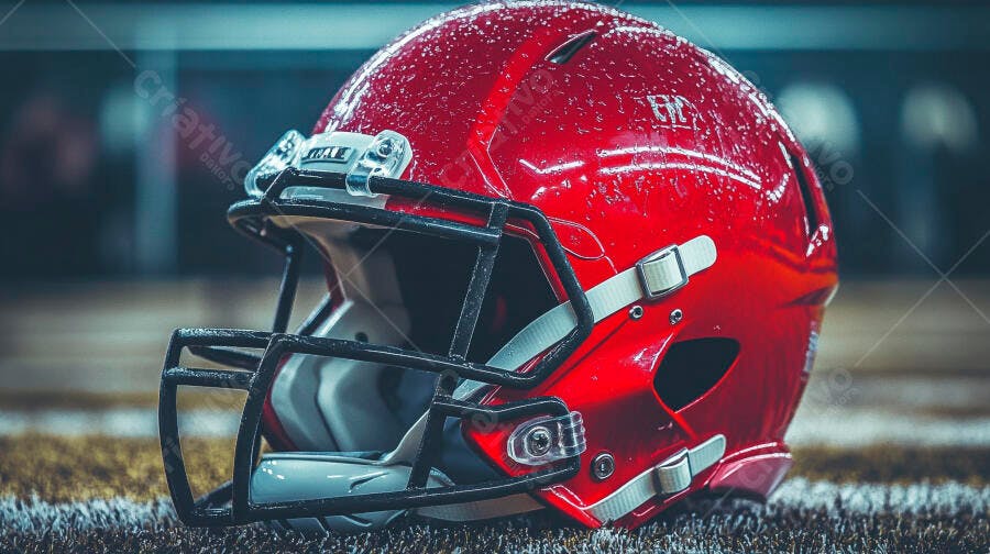 Capacete de futebol americano vermelho sujo no campo de grama sintética