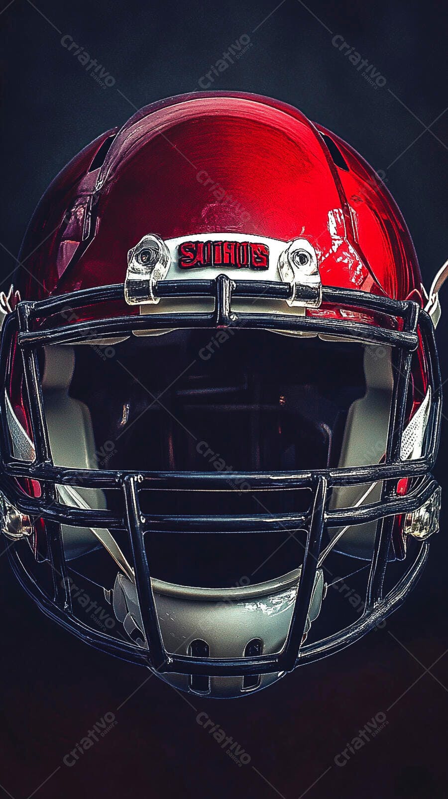Capacete de futebol americano vermelho brilhante com grade preta em estúdio
