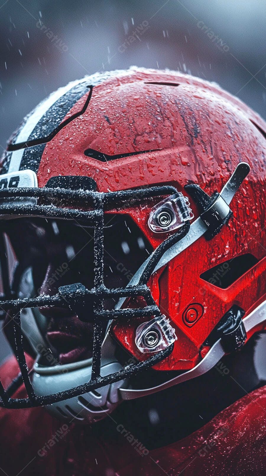 Capacete de futebol americano vermelho na chuva close-up