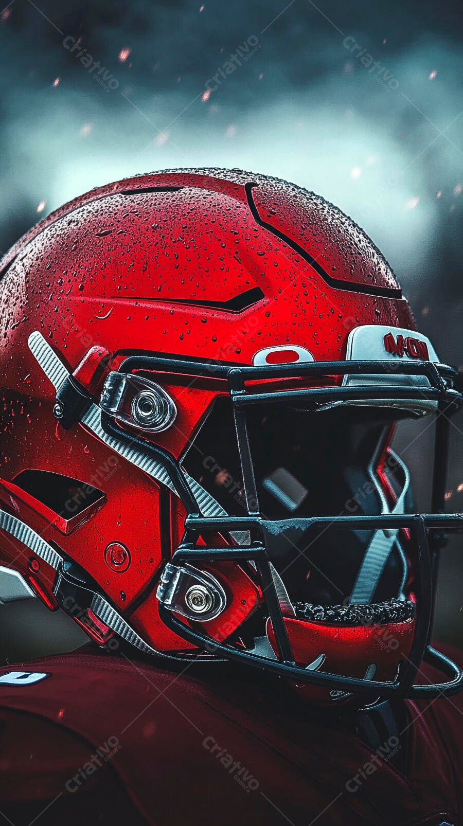 Capacete de futebol americano vermelho com chuva intenso jogador de esporte