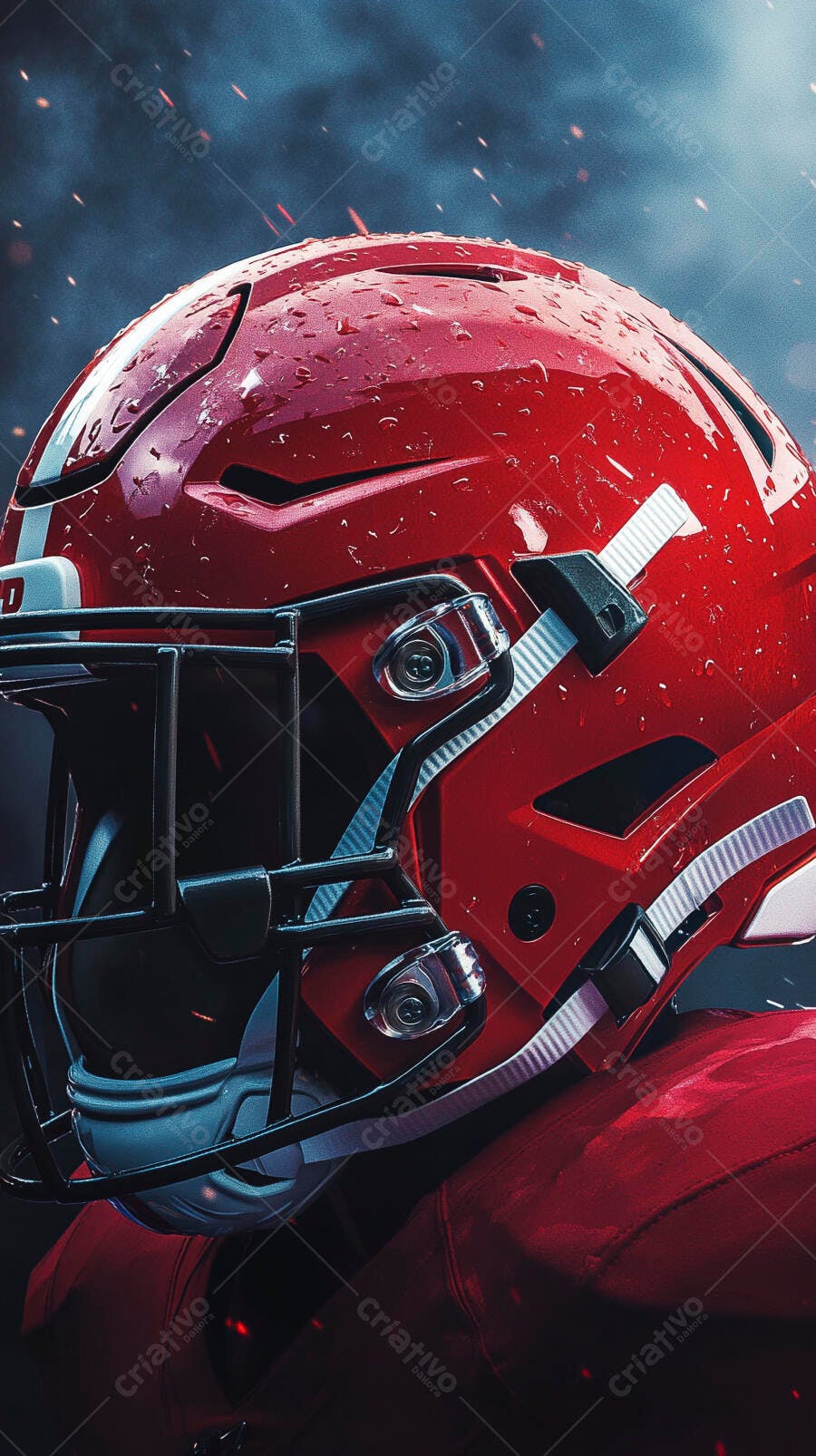 Capacete de futebol americano vermelho molhado em dia de jogo