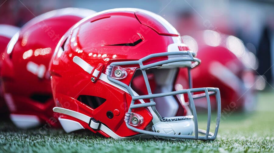 Capacete de futebol americano vermelho e branco no gramado verde do campo