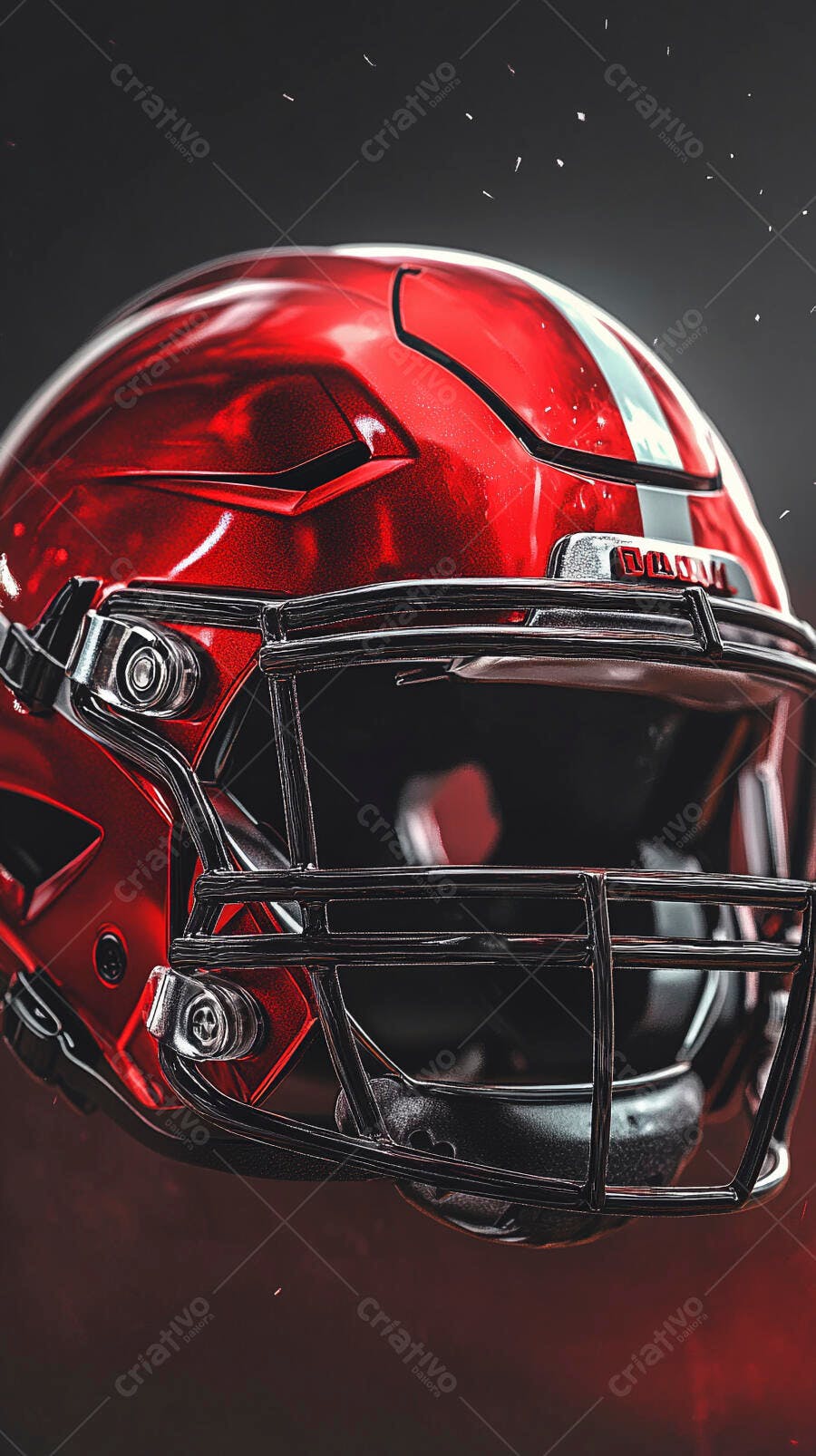 Capacete de futebol americano vermelho metálico com grade preta sobre fundo escuro