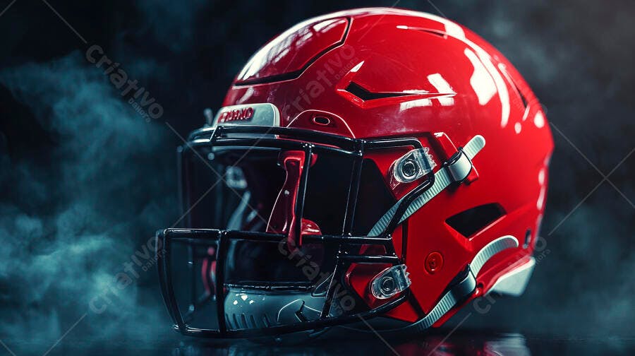 Capacete de futebol americano vermelho em destaque com fumaça azul e escuridão