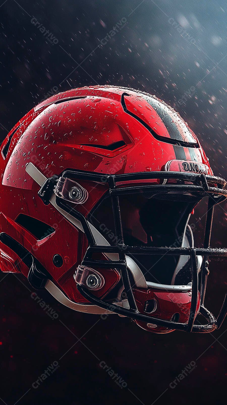 Capacete de futebol americano vermelho molhado sob chuva intensa