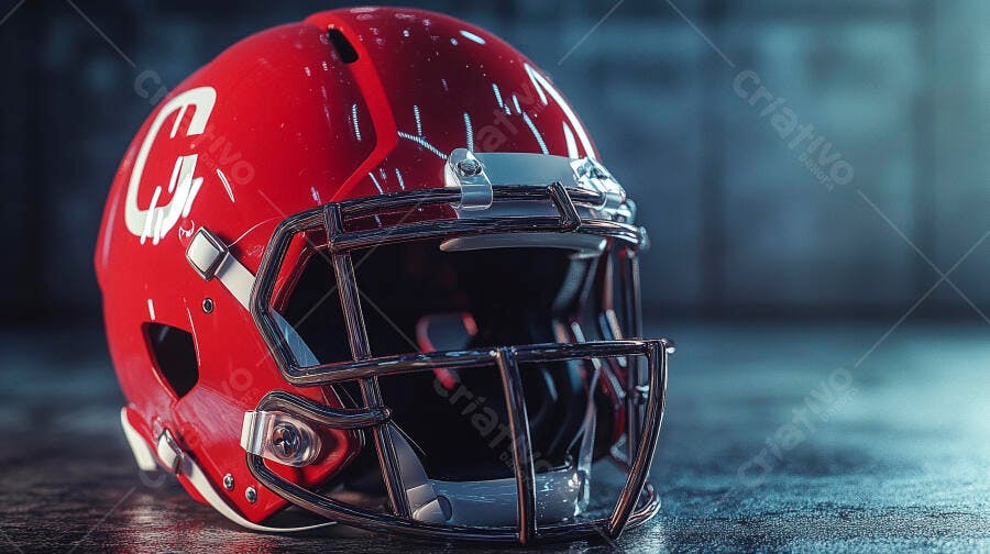 Capacete de futebol americano vermelho brilhante em cenário escuro