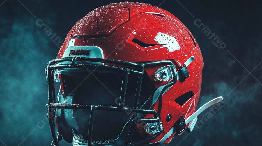 Capacete de futebol americano vermelho com gotas de água em fundo escuro dramático