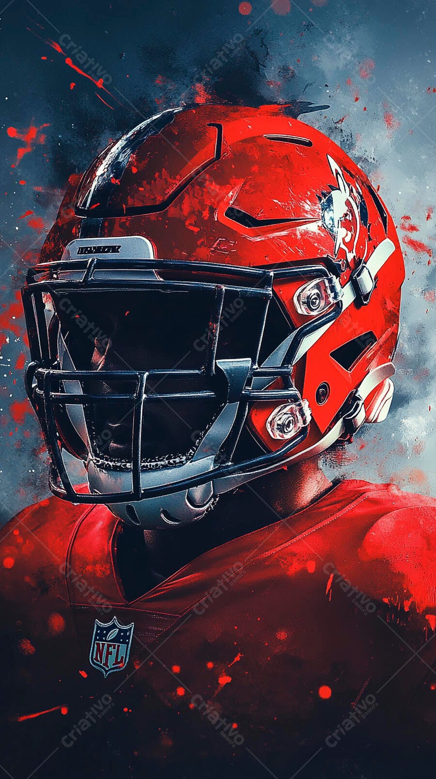 Jogador de futebol americano com capacete vermelho e preto em fundo escuro dinâmico