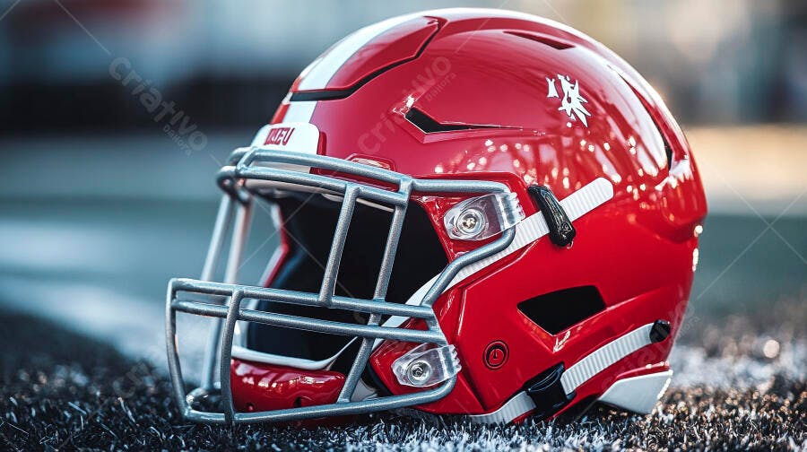 Capacete de futebol americano vermelho brilhante em campo de grama sintética