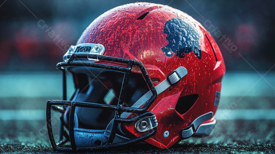 Capacete de futebol americano vermelho e preto molhado com decalque de touro em campo