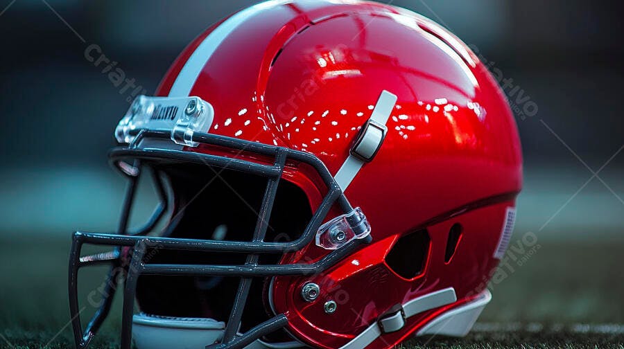 Capacete de futebol americano vermelho em campo de grama sintética