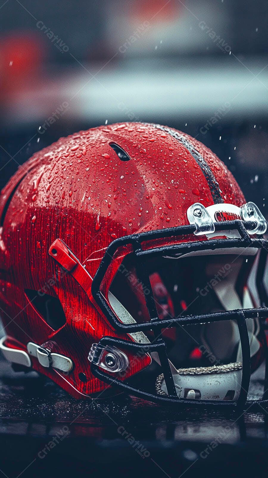 Capacete de Futebol Americano vermelho molhado com gotas de chuva em campo escuro