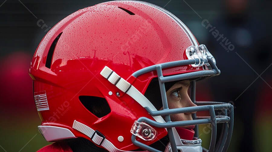 Atleta juvenil com capacete de futebol americano vermelho e cinza sob a chuva