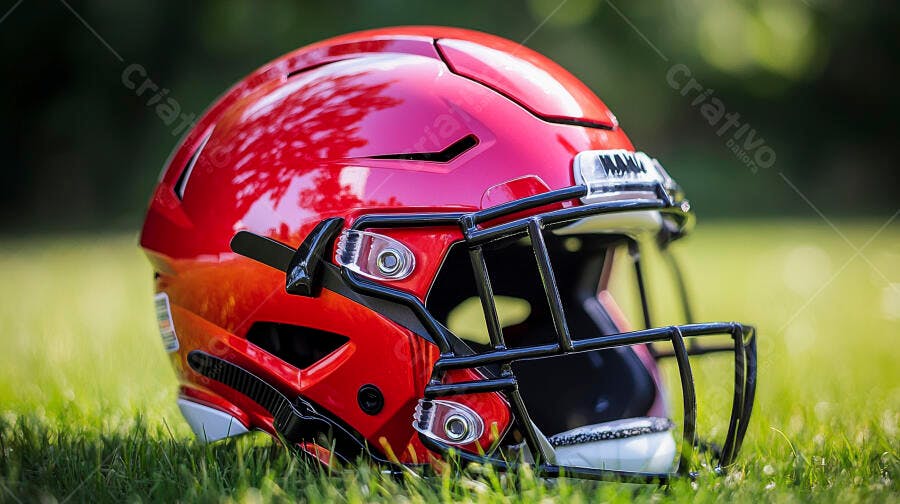 Capacete de futebol americano vermelho e preto na grama verde ensolarada