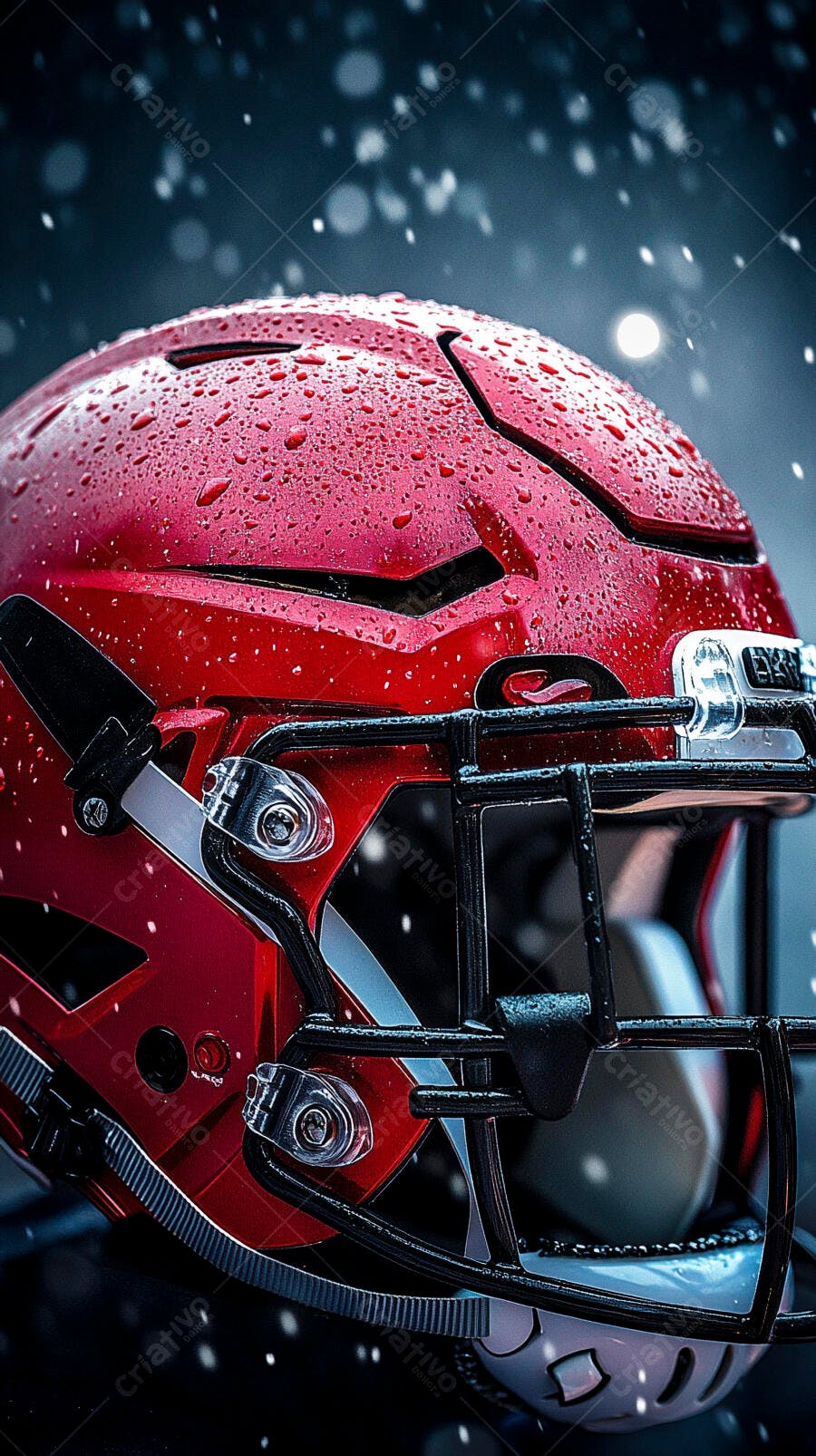Capacete de futebol americano vermelho com gotas de chuva em jogo noturno