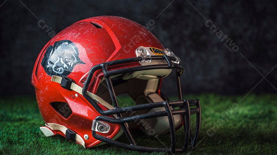 Capacete de futebol americano vermelho com emblema e máscara preta sobre gramado