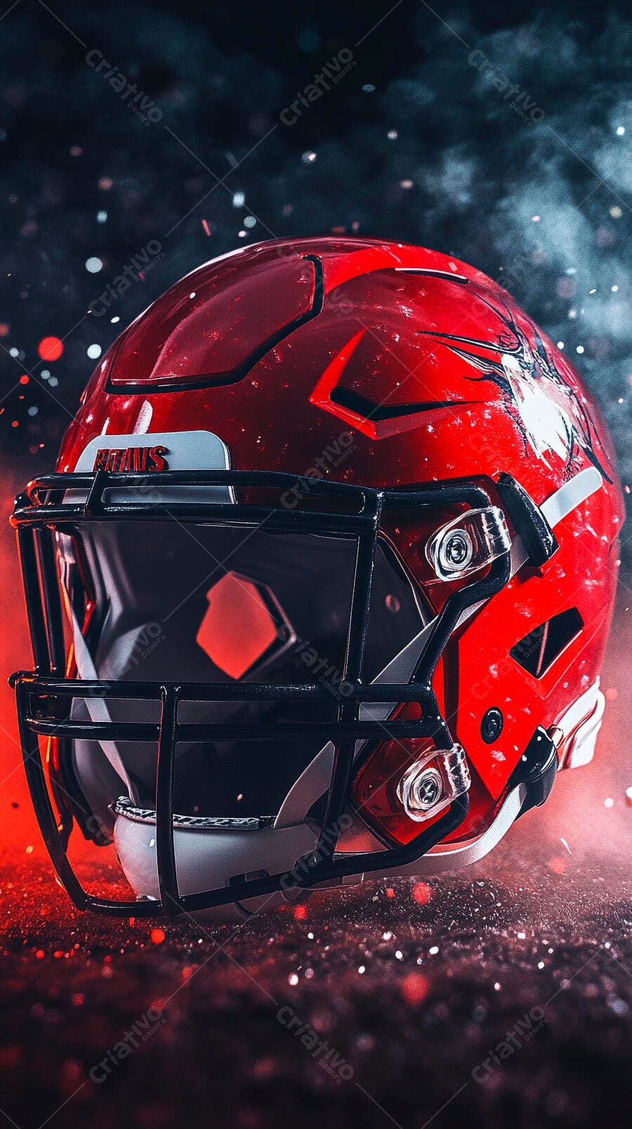 Capacete de futebol americano vermelho com grade preta e fundo dramático