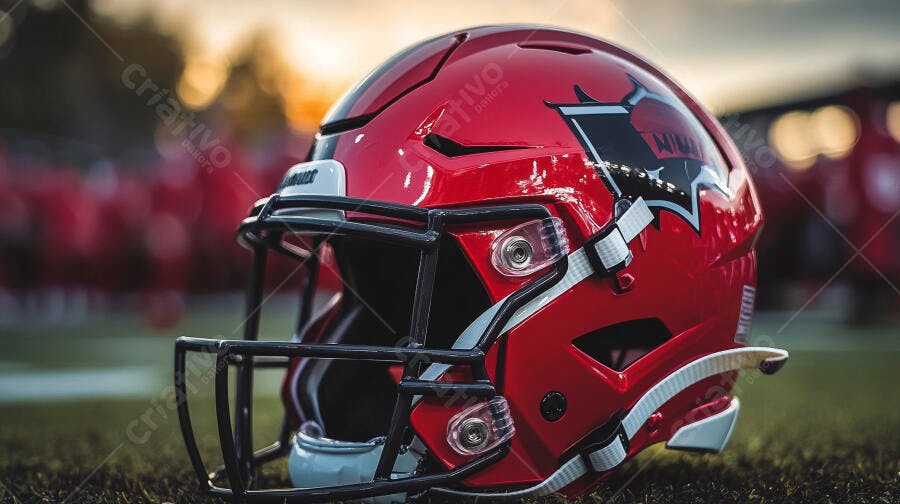 Capacete de futebol americano vermelho no campo ao pôr do sol