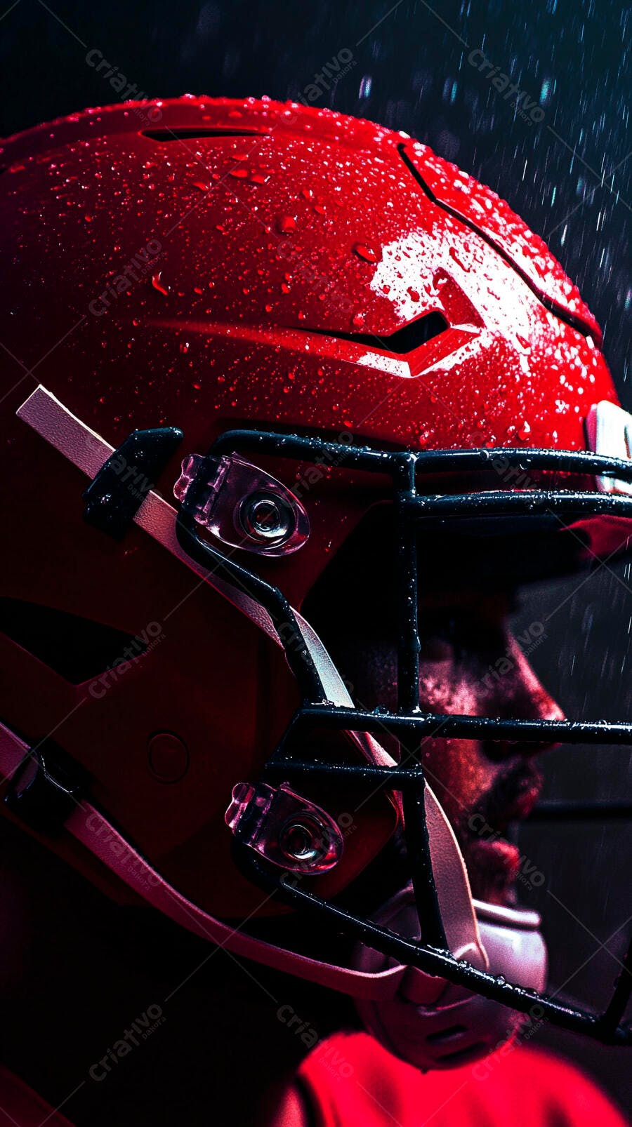 Jogador de futebol americano com capacete vermelho molhado na chuva escura