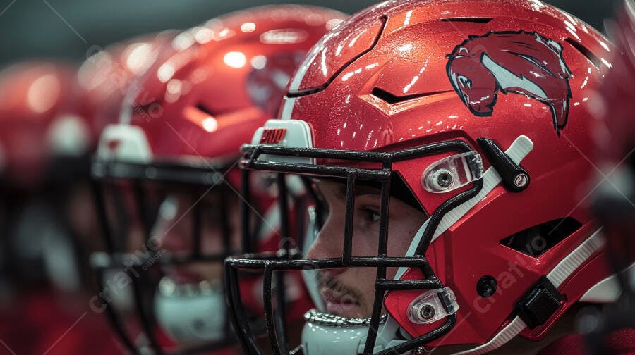 Jogador de futebol americano com capacete vermelho brilhante em campo de treino
