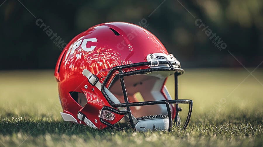 Capacete de futebol americano vermelho no gramado do campo