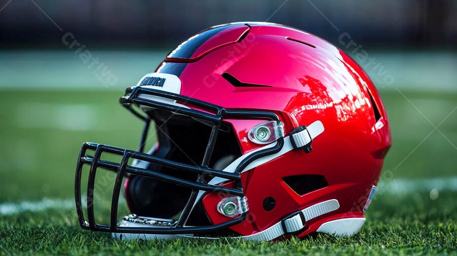 Capacete de futebol americano vermelho no gramado do campo