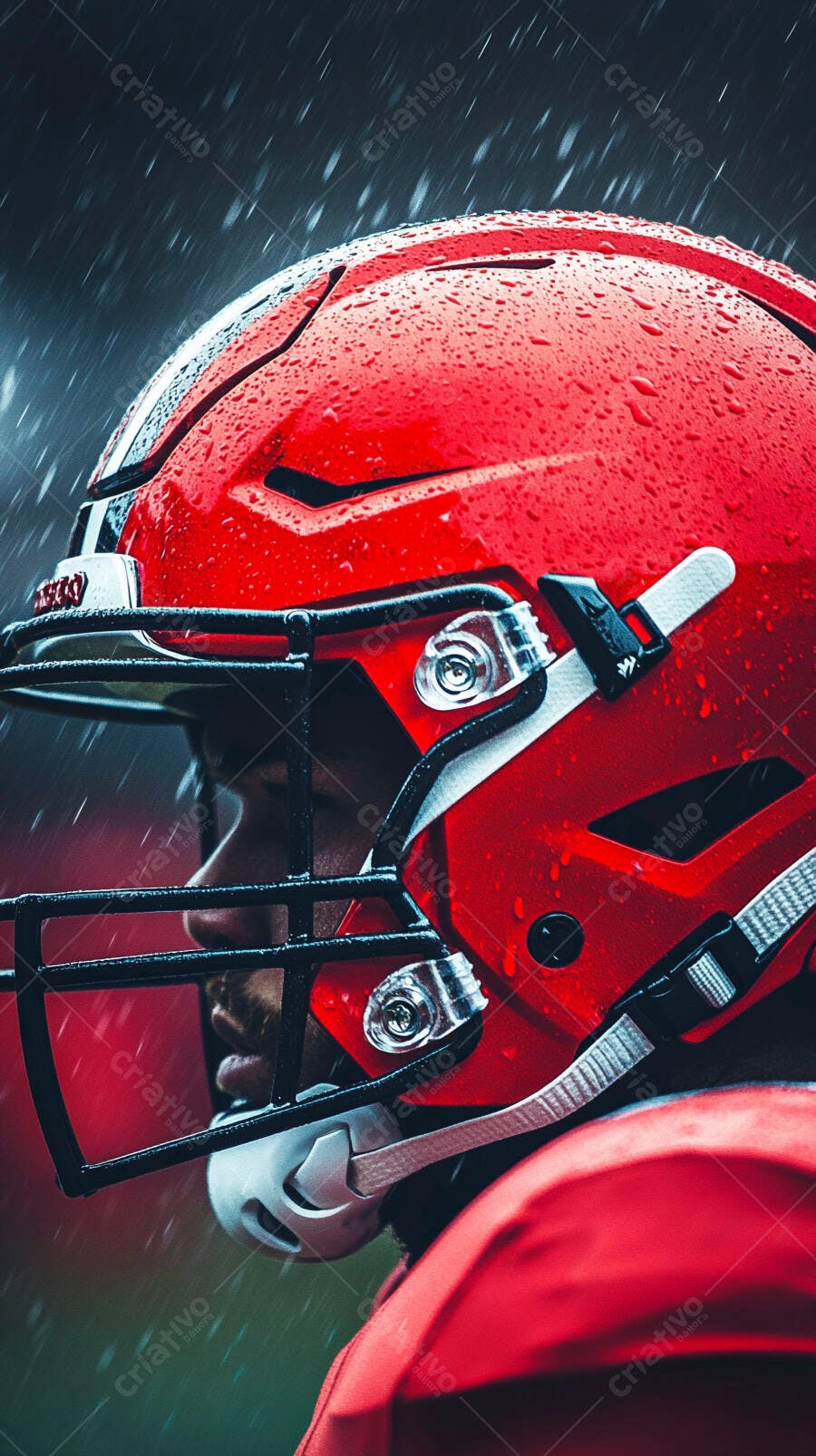 Jogador de futebol americano com capacete vermelho na chuva