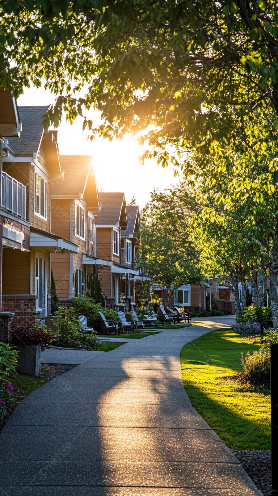 Rua residencial tranquila com casas e árvores sob a luz dourada do entardecer