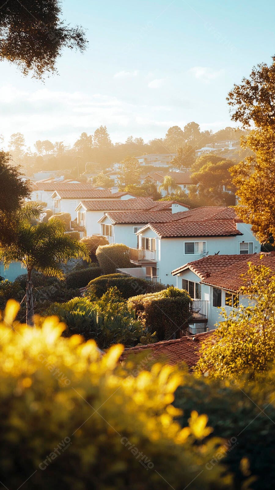 Casas brancas com telhados terracota em bairro ensolarado ao entardecer