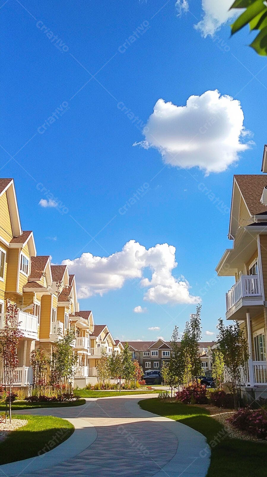 Casas amarelas em condomínio residencial com céu azul e grama verde