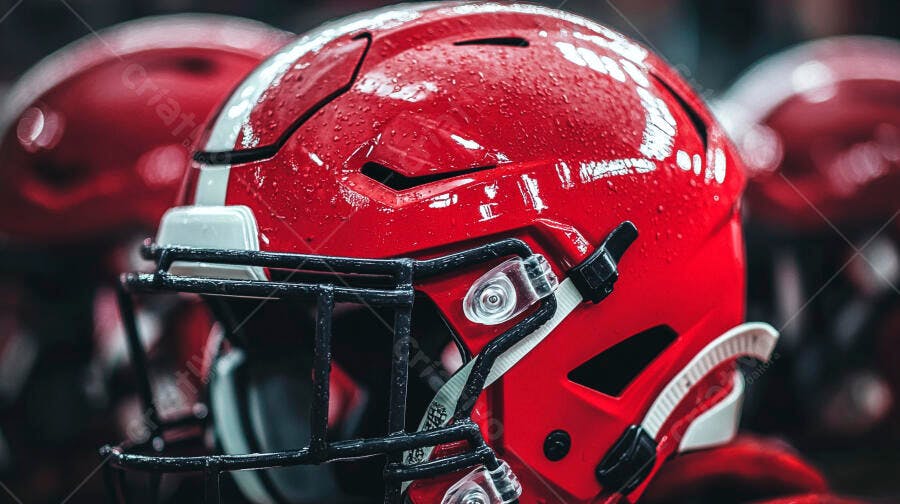 Capacete futebol americano vermelho molhado com listras brancas e grade preta
