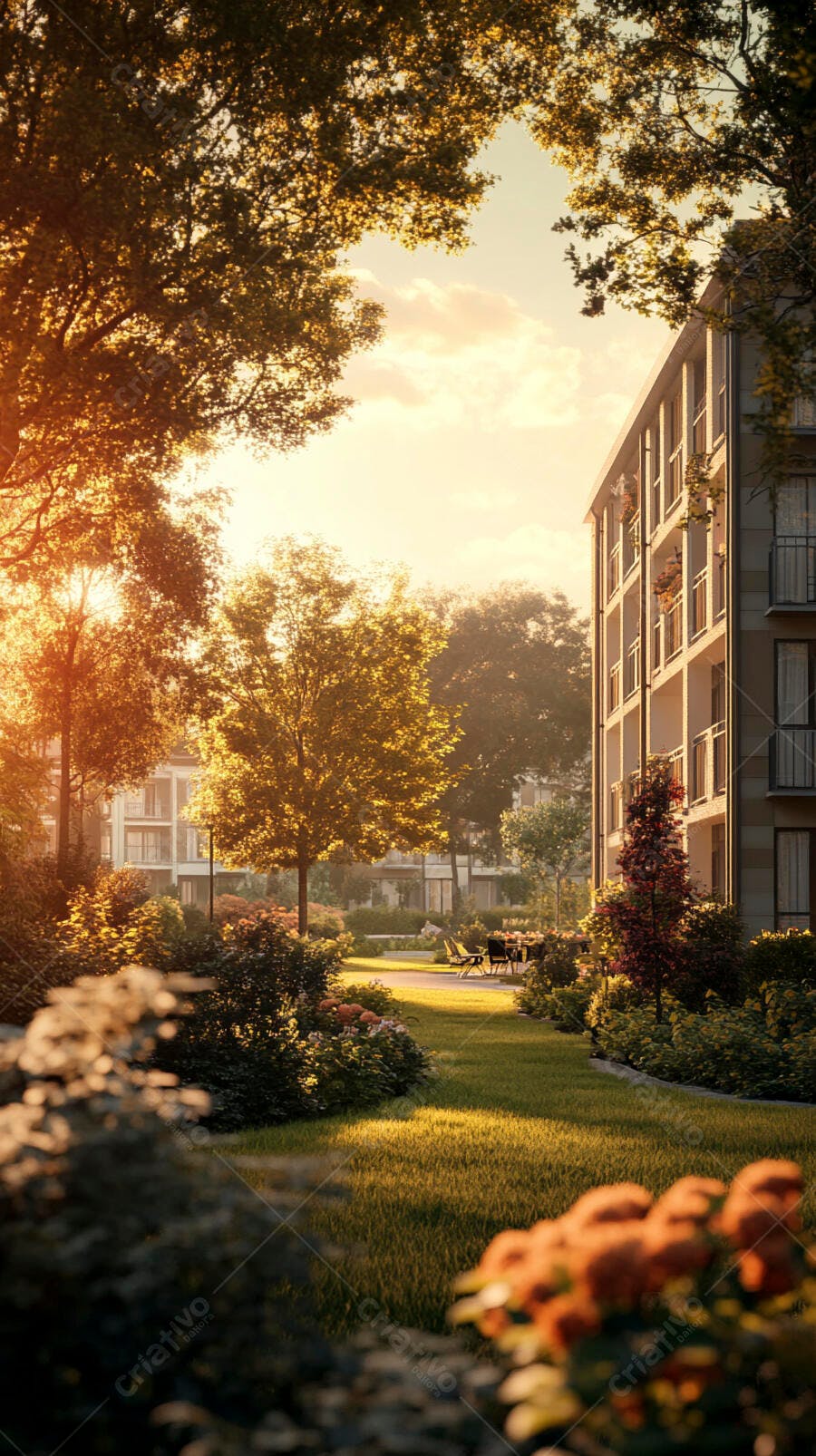 Edifício residencial moderno com jardim exuberante sob sol dourado ao entardecer