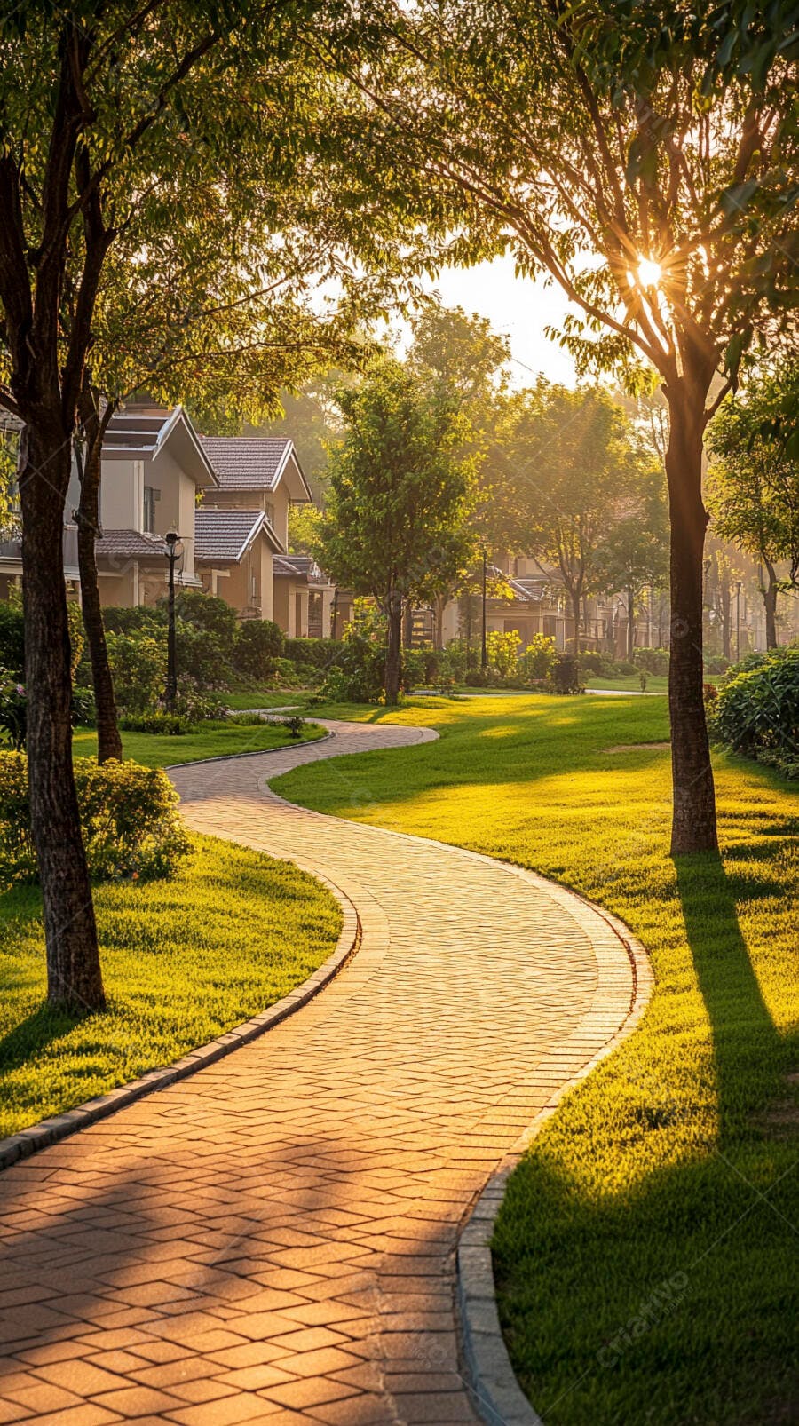 Caminho sinuoso em parque residencial iluminado pelo sol da manhã