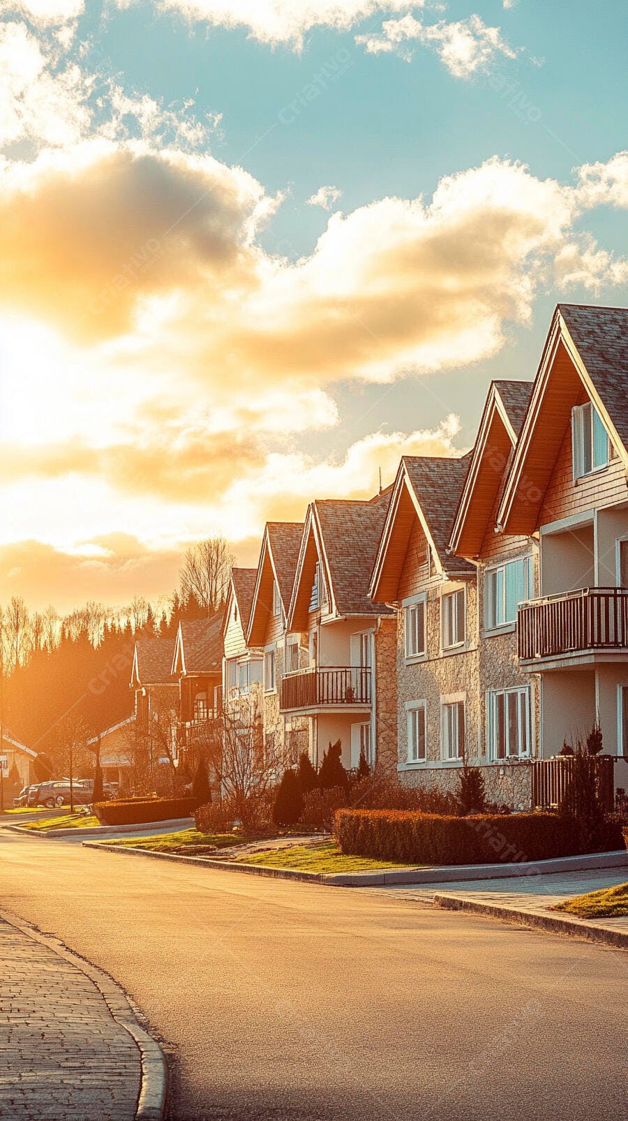 Casas geminadas modernas em rua residencial com pôr do sol dourado