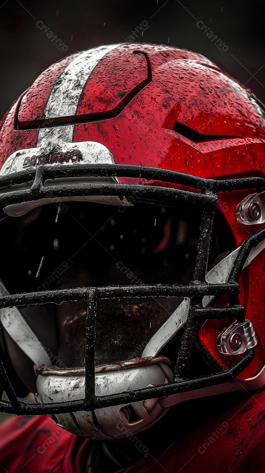 Capacete de futebol americano vermelho molhado com riscos brancos em jogo na chuva