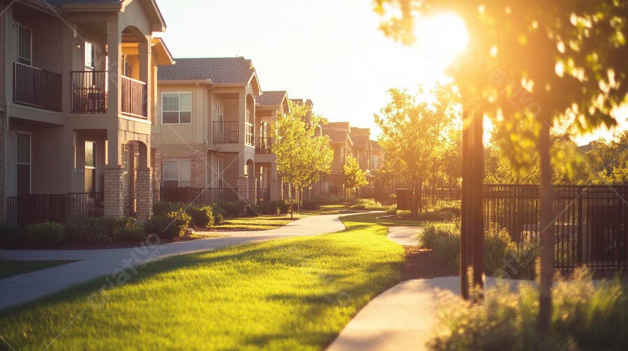 Edifícios residenciais com caminho verde iluminados pelo sol dourado do entardecer