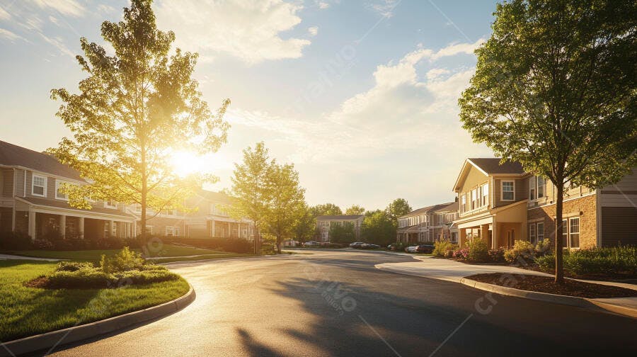 Bairro residencial com casas americanas e sol dourado da manhã