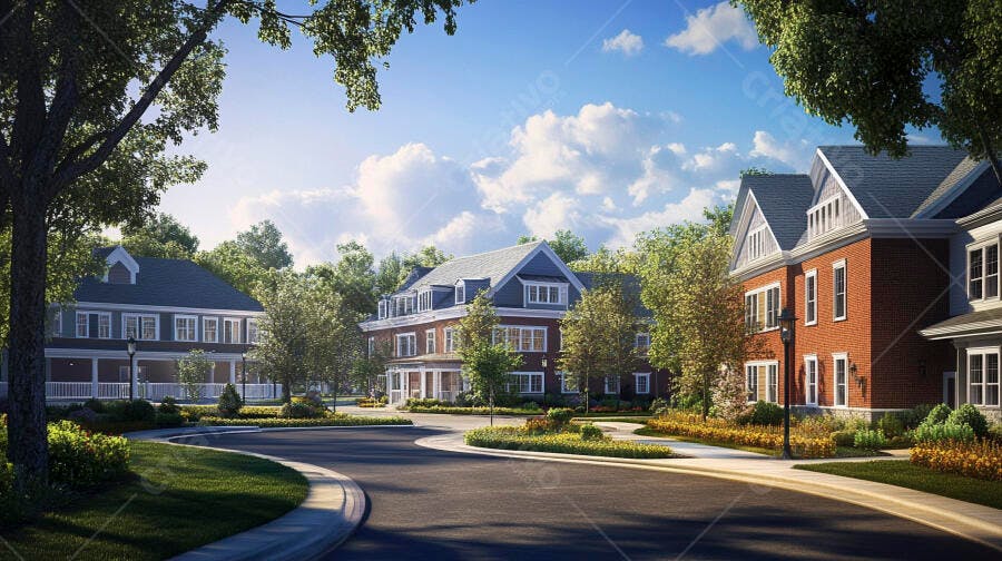Bairro residencial tranquilo com casas americanas e árvores verdes sob céu azul