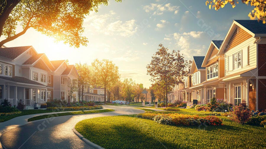 Bairro residencial com casas americanas modernas ao pôr do sol dourado e árvores de outono
