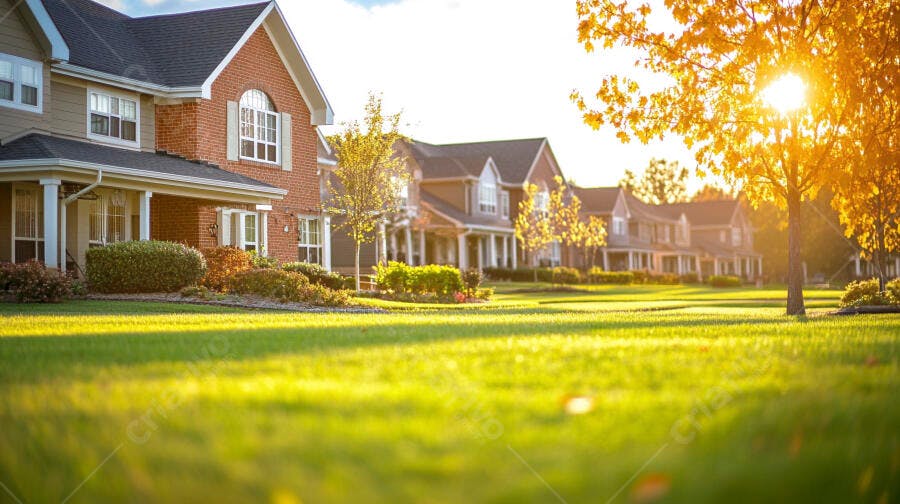 Casas suburbanas com gramado verde ao por do sol outonal
