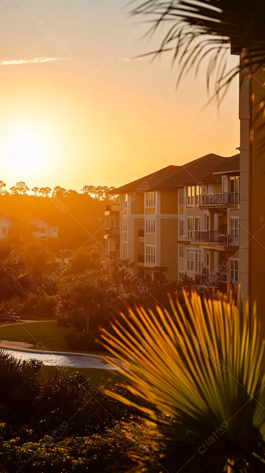 Edifício resort amarelo dourado ao pôr do sol tropical com palmeiras e piscina