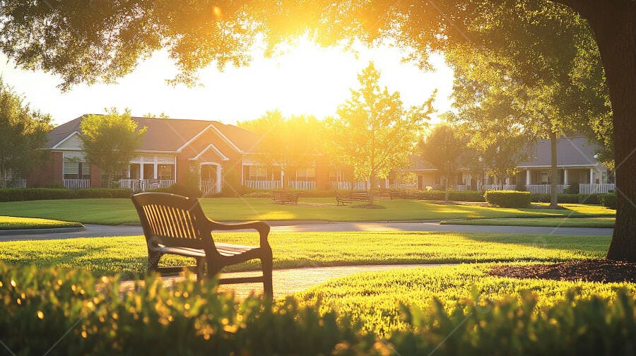 Banco de parque em gramado verde iluminado pelo sol dourado do amanhecer em bairro residencial