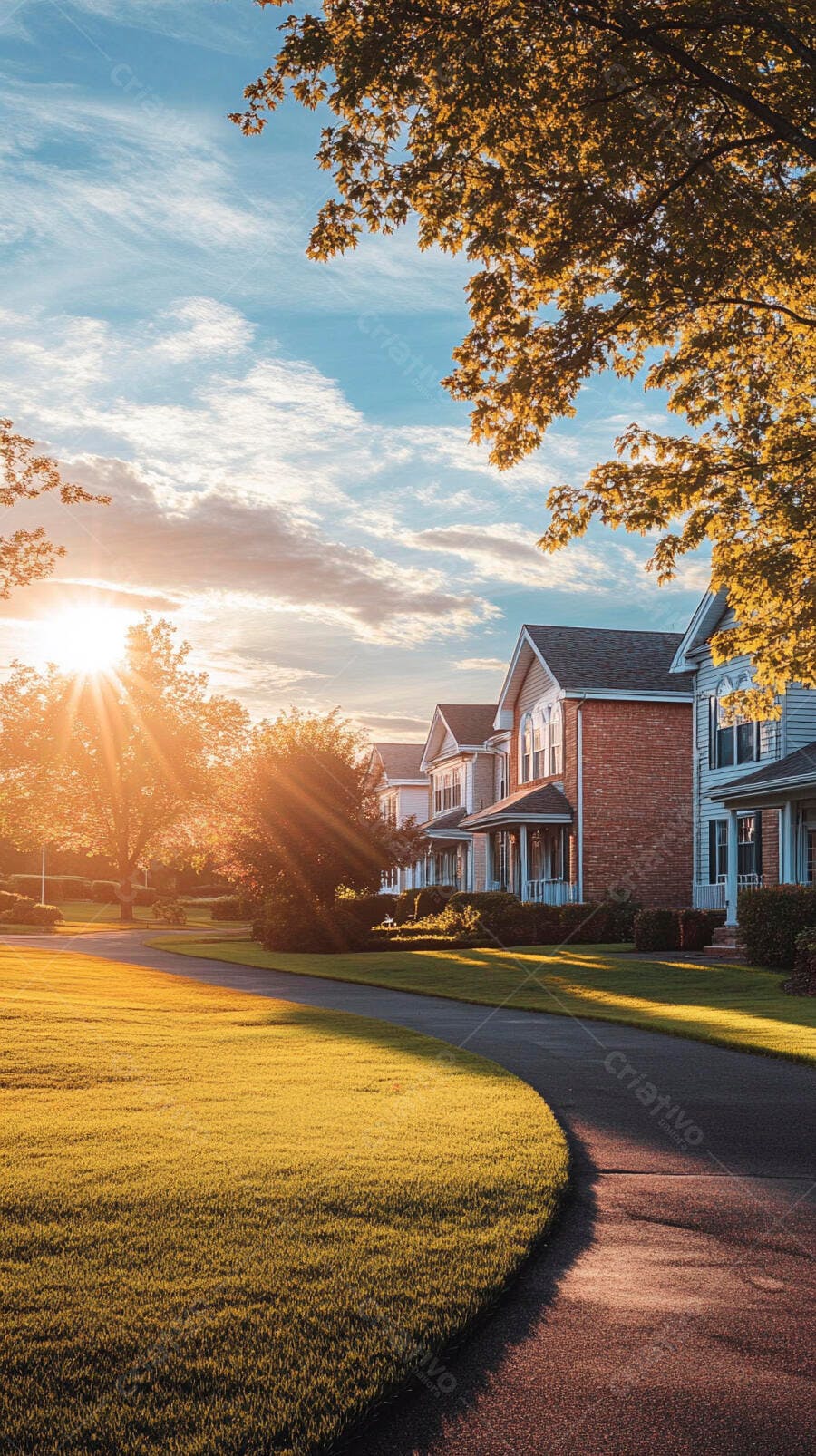 Bairro residencial calmo ao pôr do sol com casas e gramados ensolarados