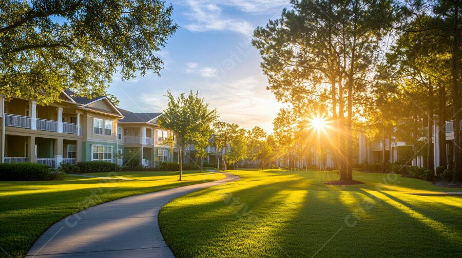 Apartamentos residenciais com caminho e gramado ao pôr do sol